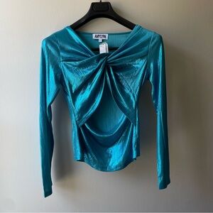 Amy Lynn Shimmering Teal Long Sleeve Blouse Large
